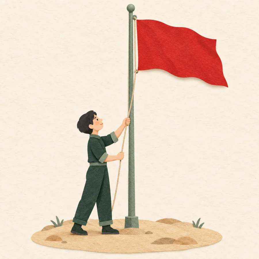 A person raising a flag