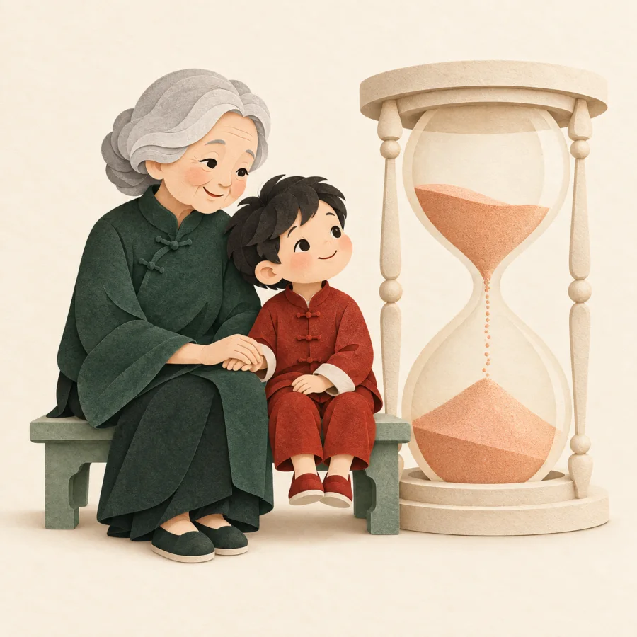 An elder and child by an hourglass
