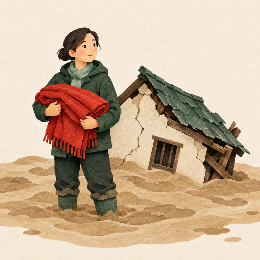 Una persona junto a una casa dañada