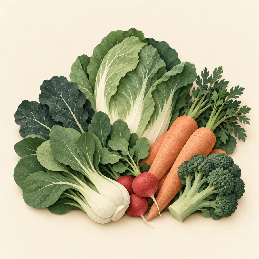 Un montón de verduras de hoja verde y zanahorias
