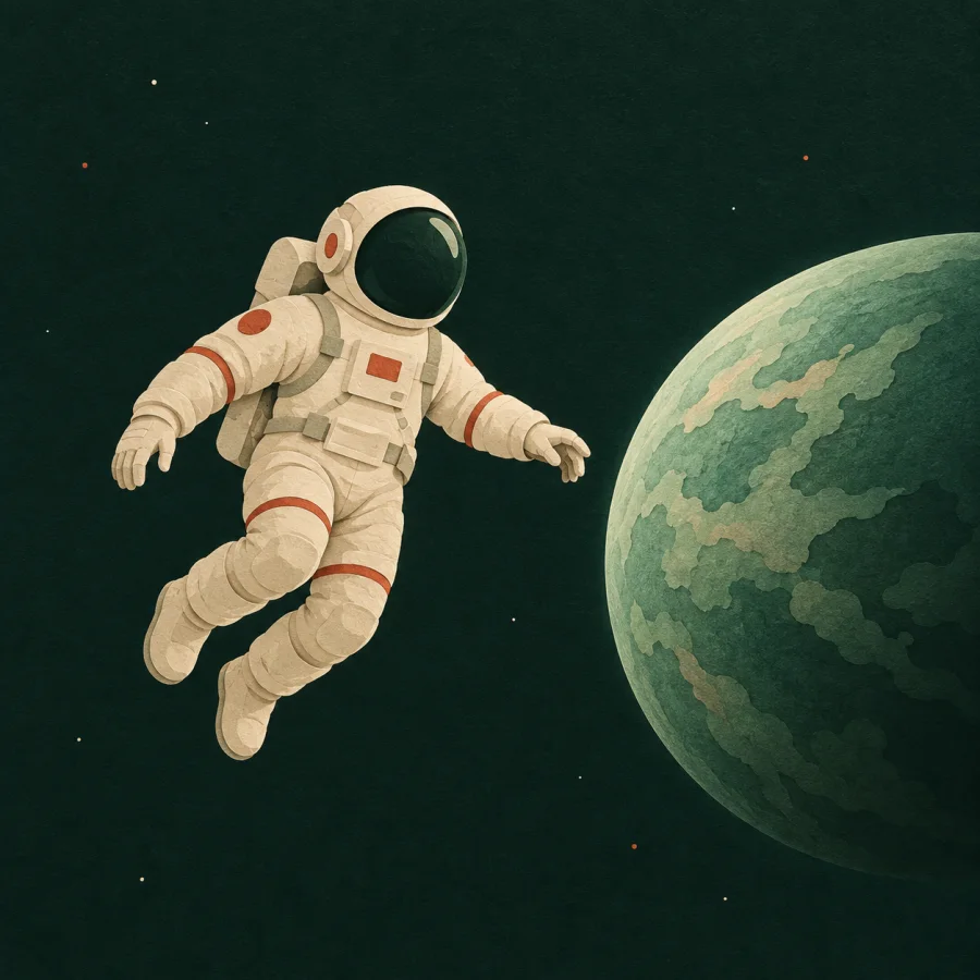 Bir gezegenin yanında süzülen astronot