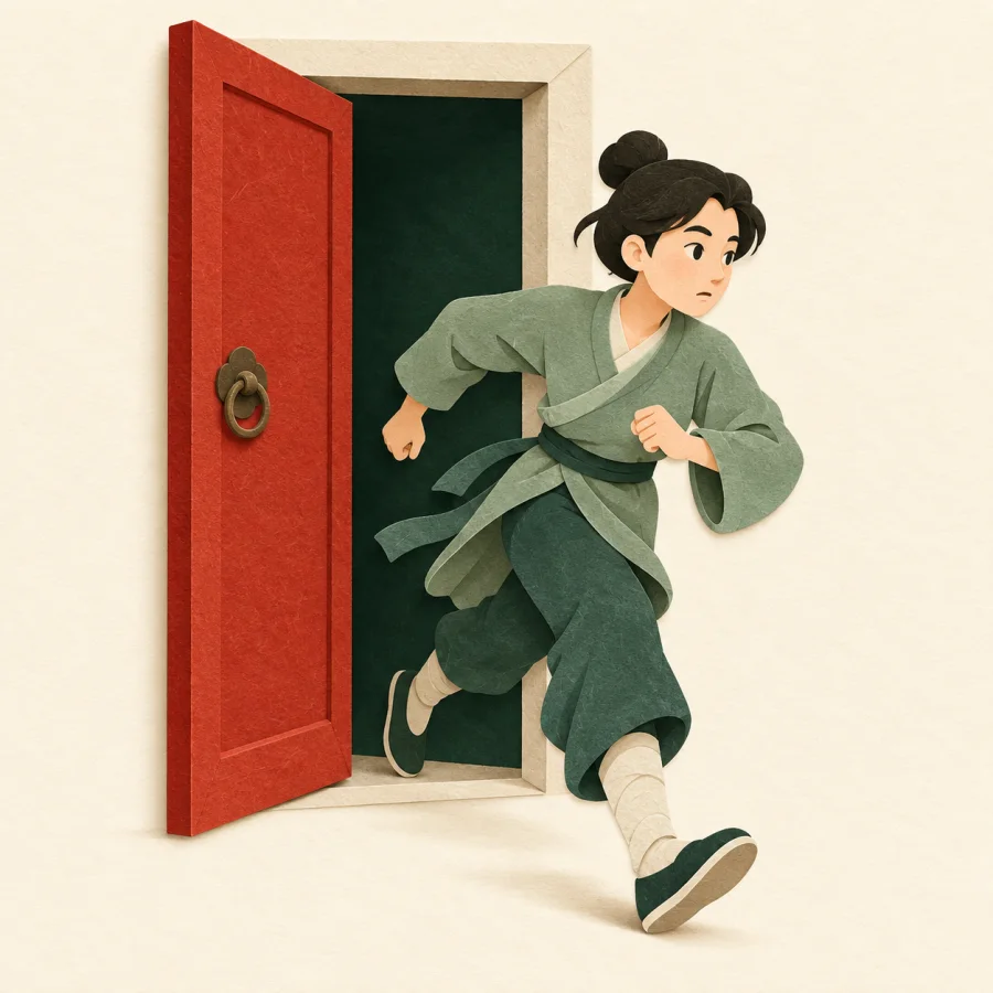 Una persona escapando por una puerta