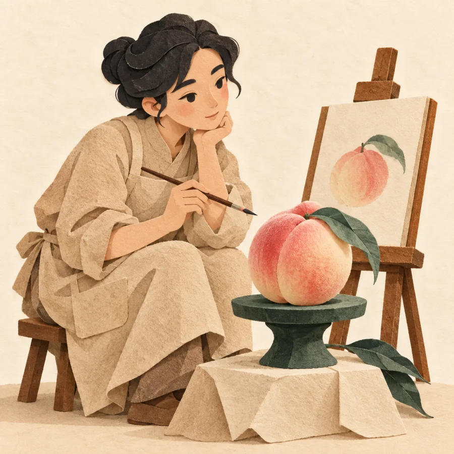 Uma artista estudando uma fruta