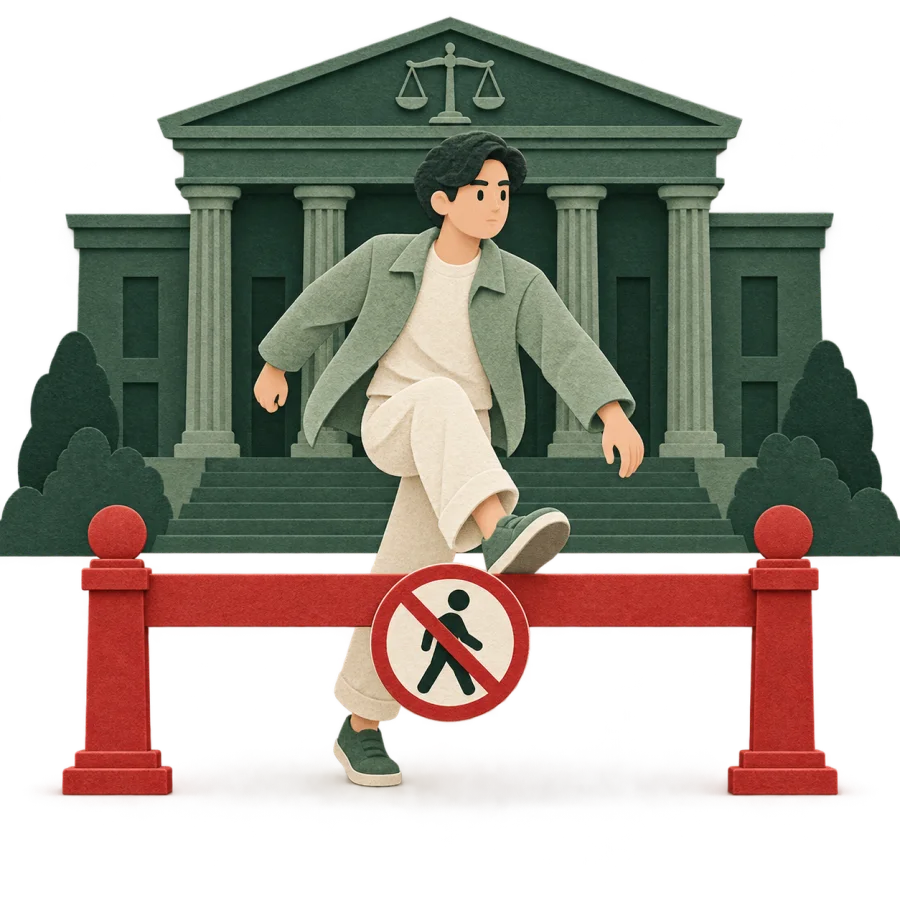Eine Person, die vor einem Gerichtsgebäude eine Absperrung überquert