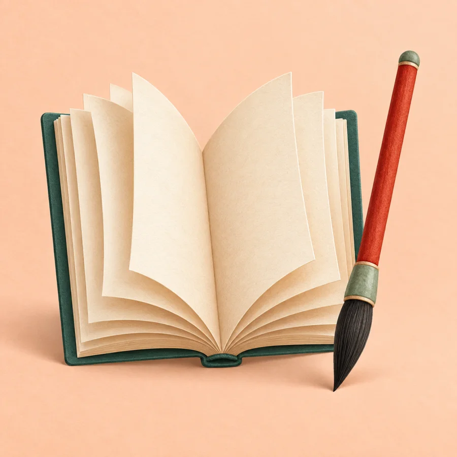 Ein aufgeschlagenes Buch und ein Pinsel