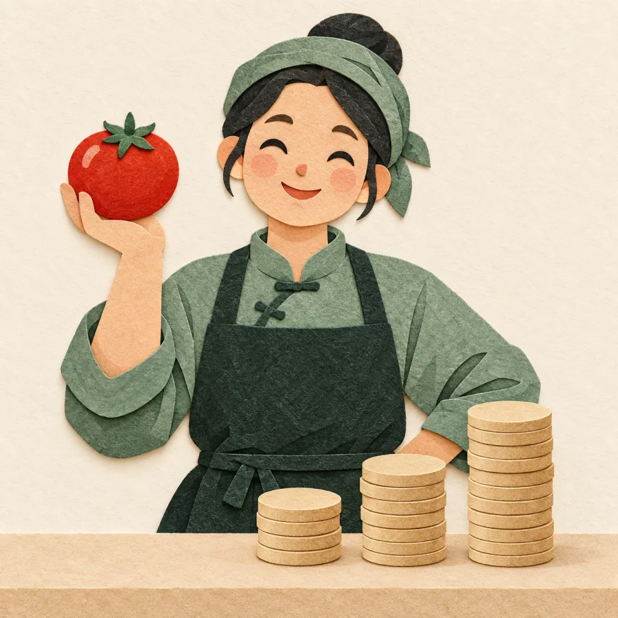 คนขายถือมะเขือเทศกับเหรียญ