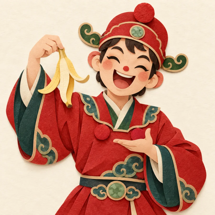 A laughing performer holding a banana peel