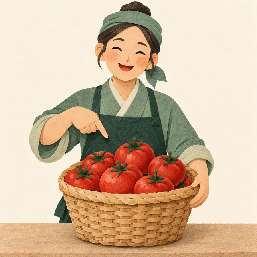 เจ้าของร้านชี้ไปที่ตะกร้ามะเขือเทศ