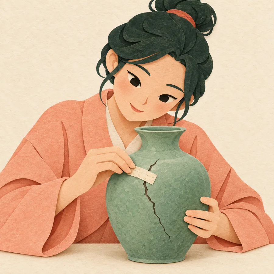 A person repairing a cracked vase