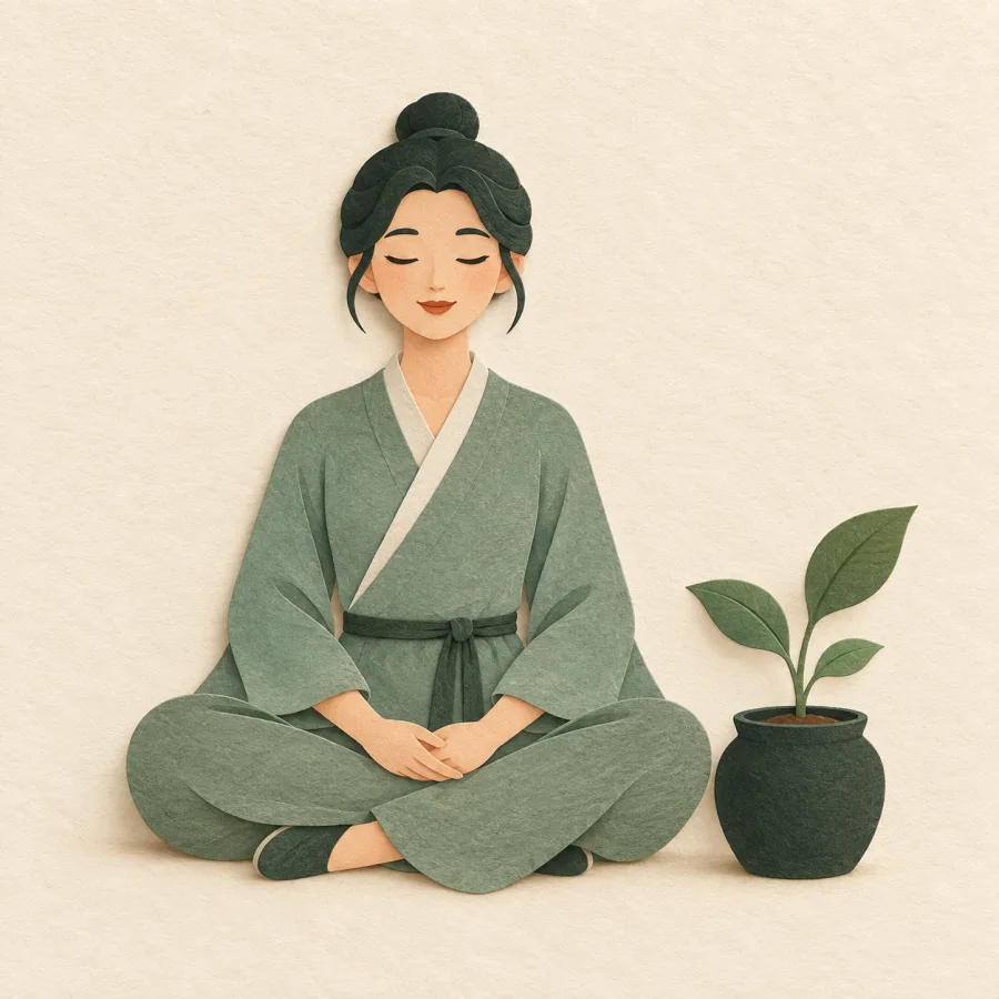 A calm person beside a plant