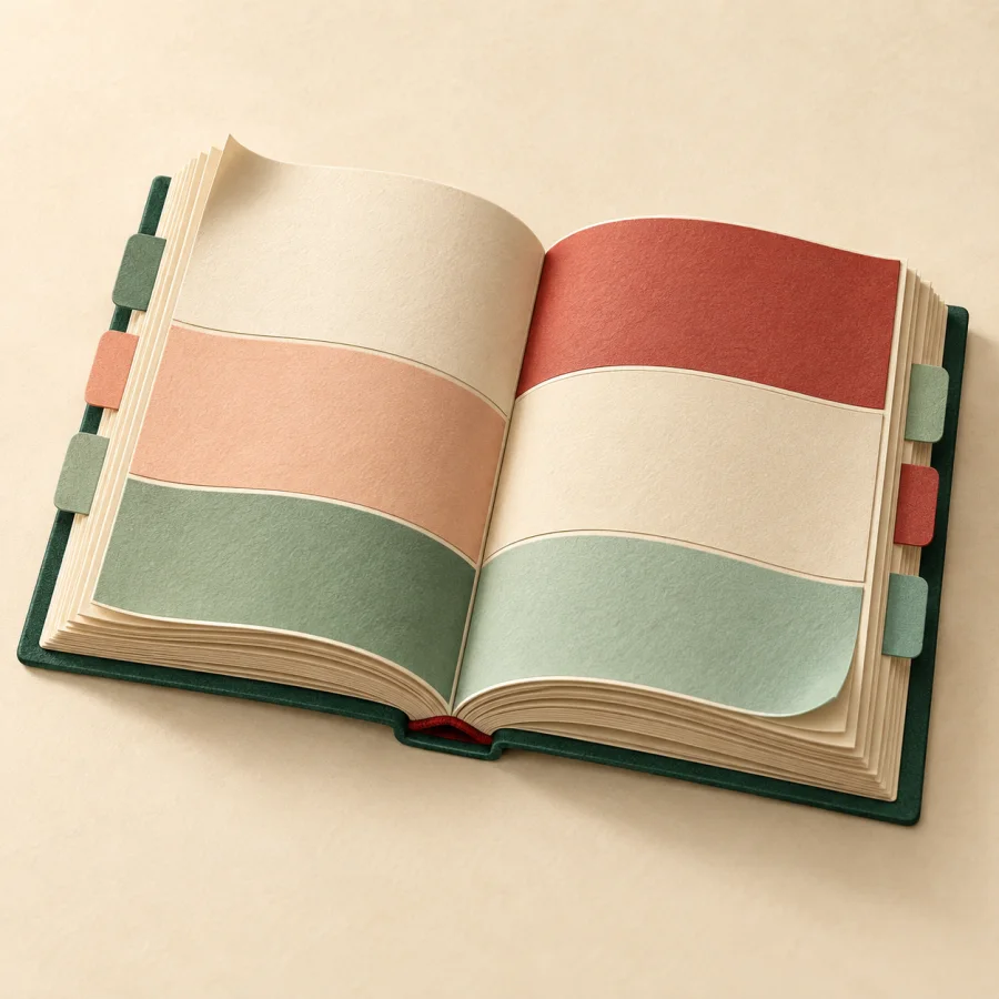 An open book with sections