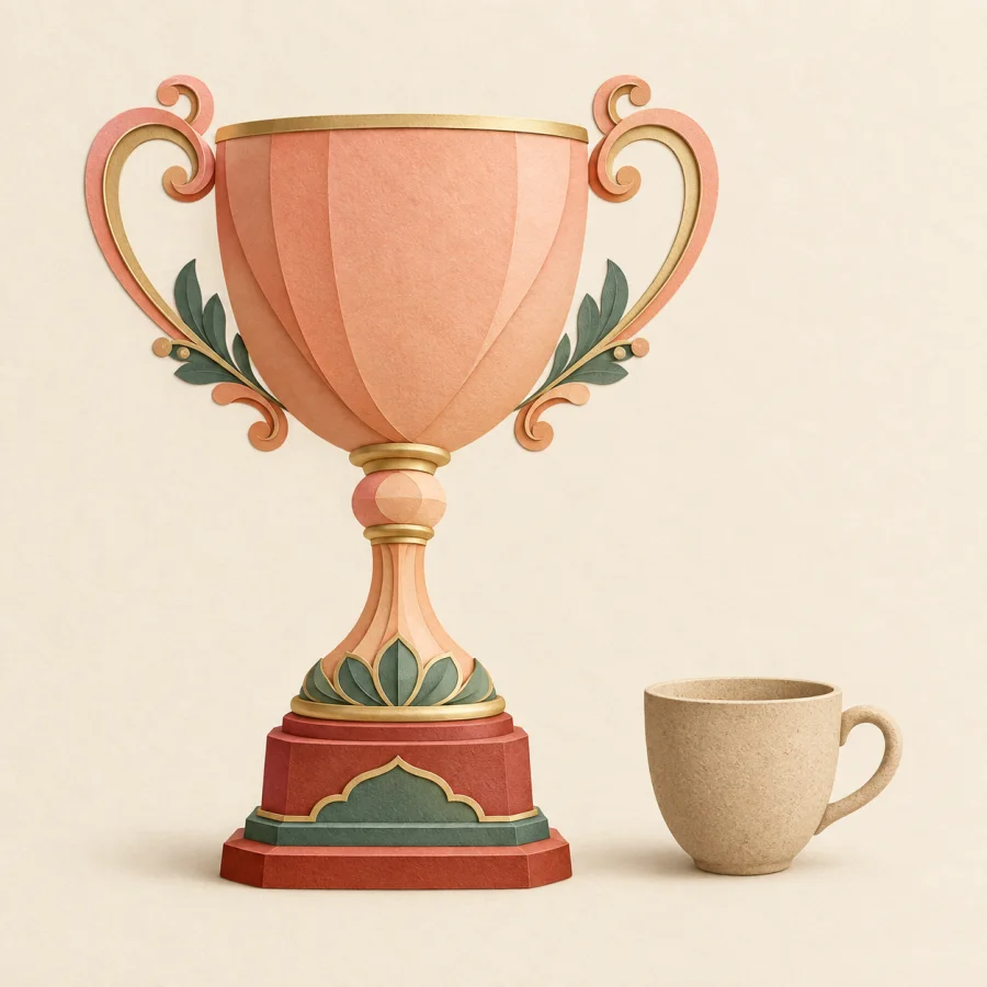 A tall trophy beside a cup