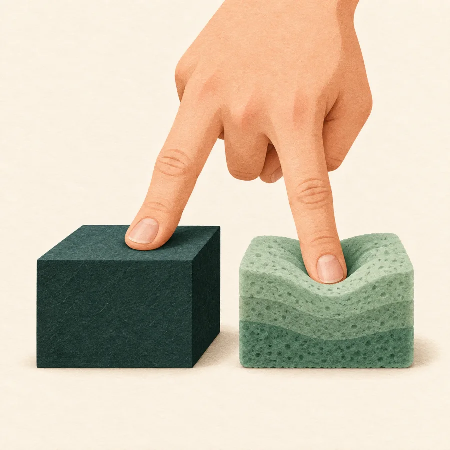 A hand pressing a block