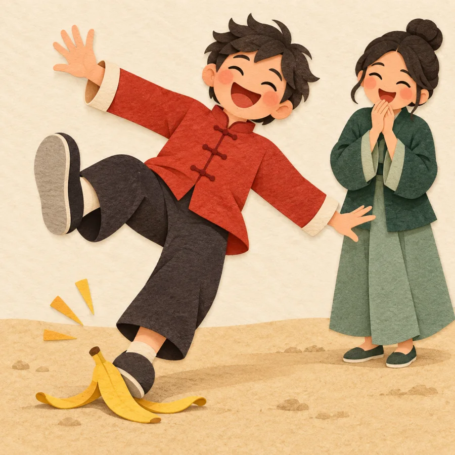 Two people laughing at a fall