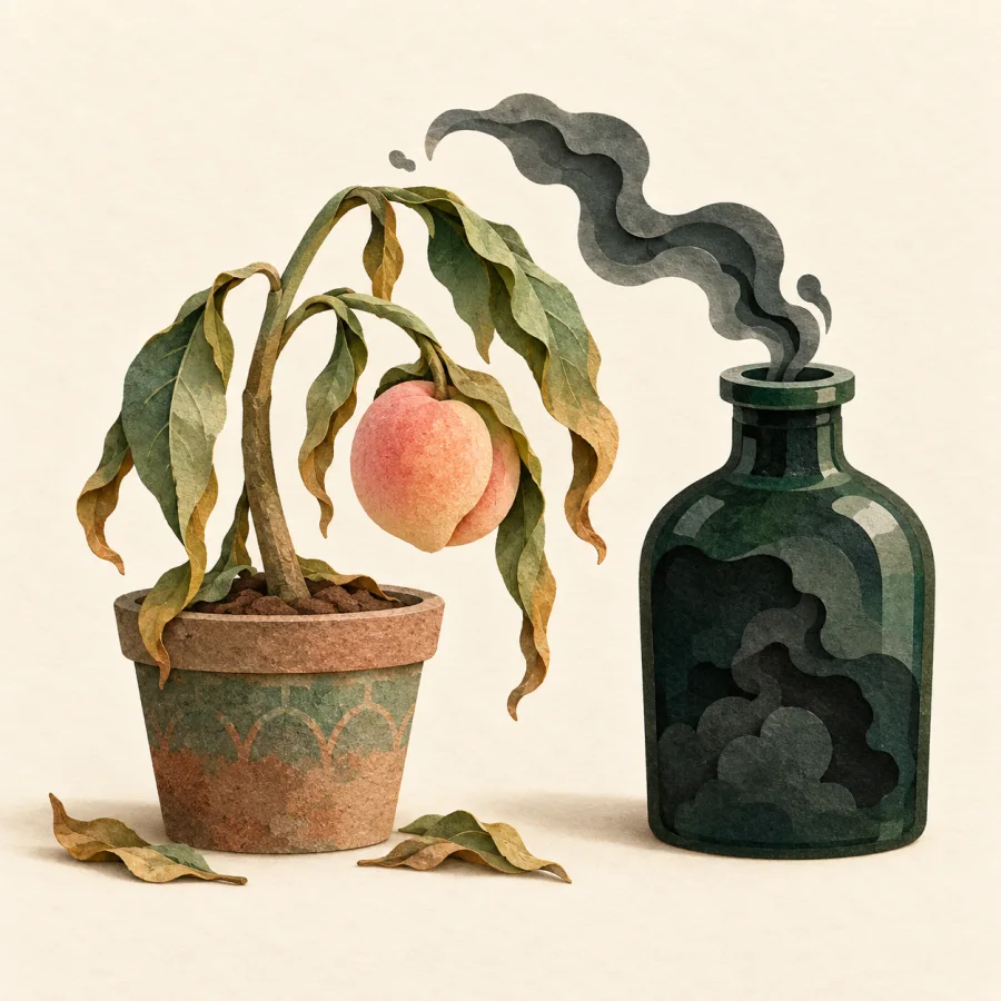 Una planta marchita junto a una botella
