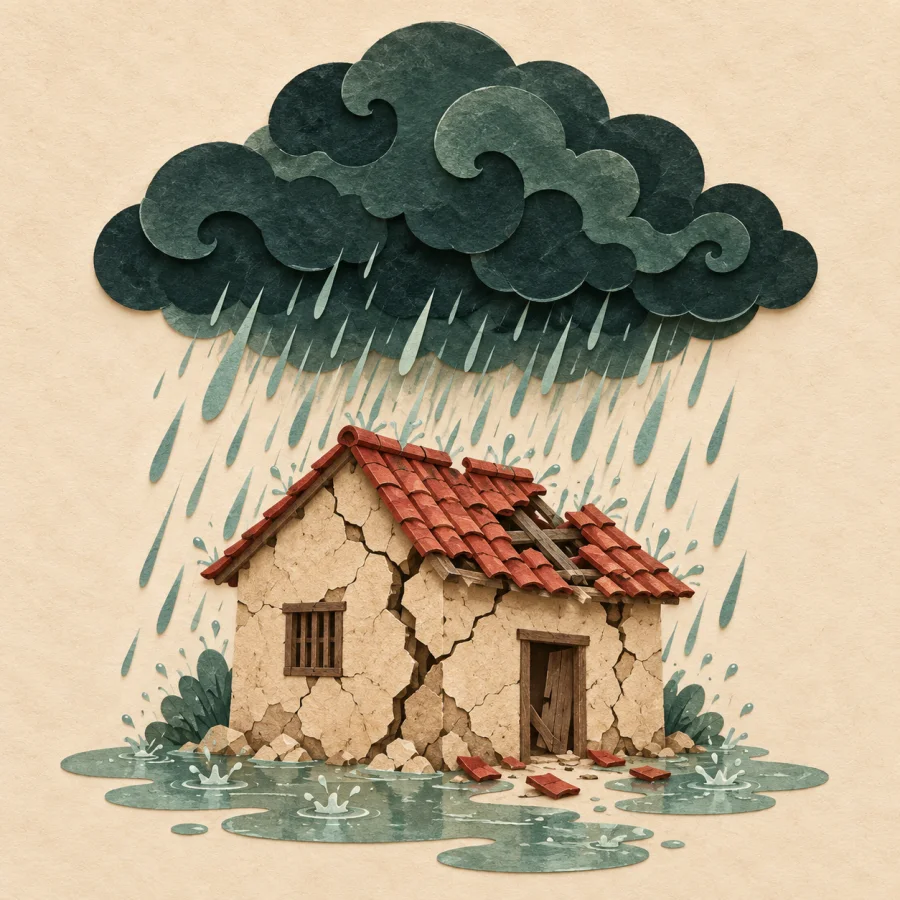 Une tempête au-dessus d'une maison endommagée