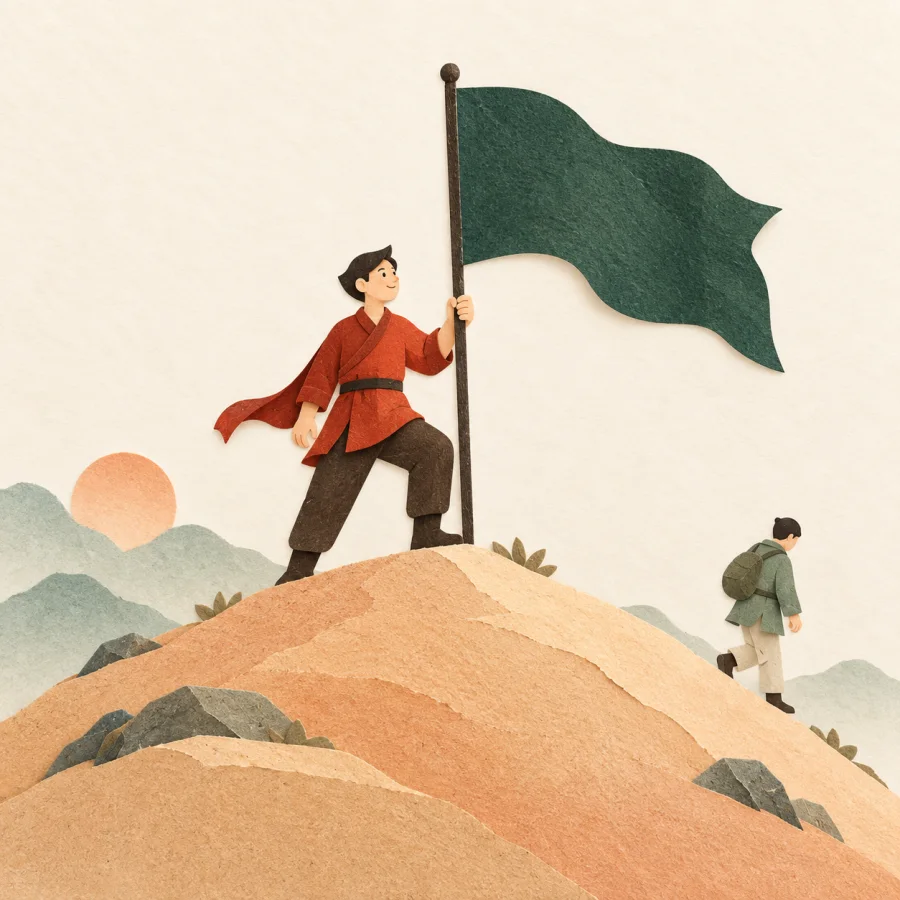 Eine Person, die eine Flagge aufstellt