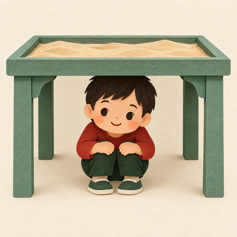 Un niño debajo de una mesa