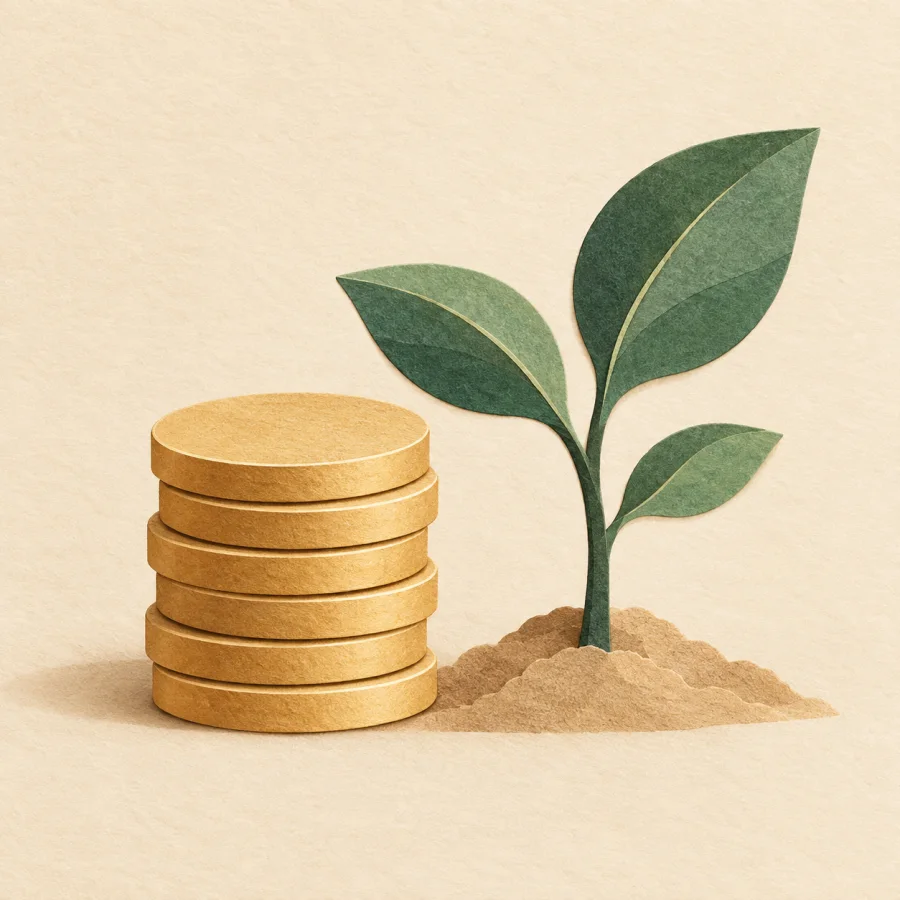 Una pila de monedas y una planta