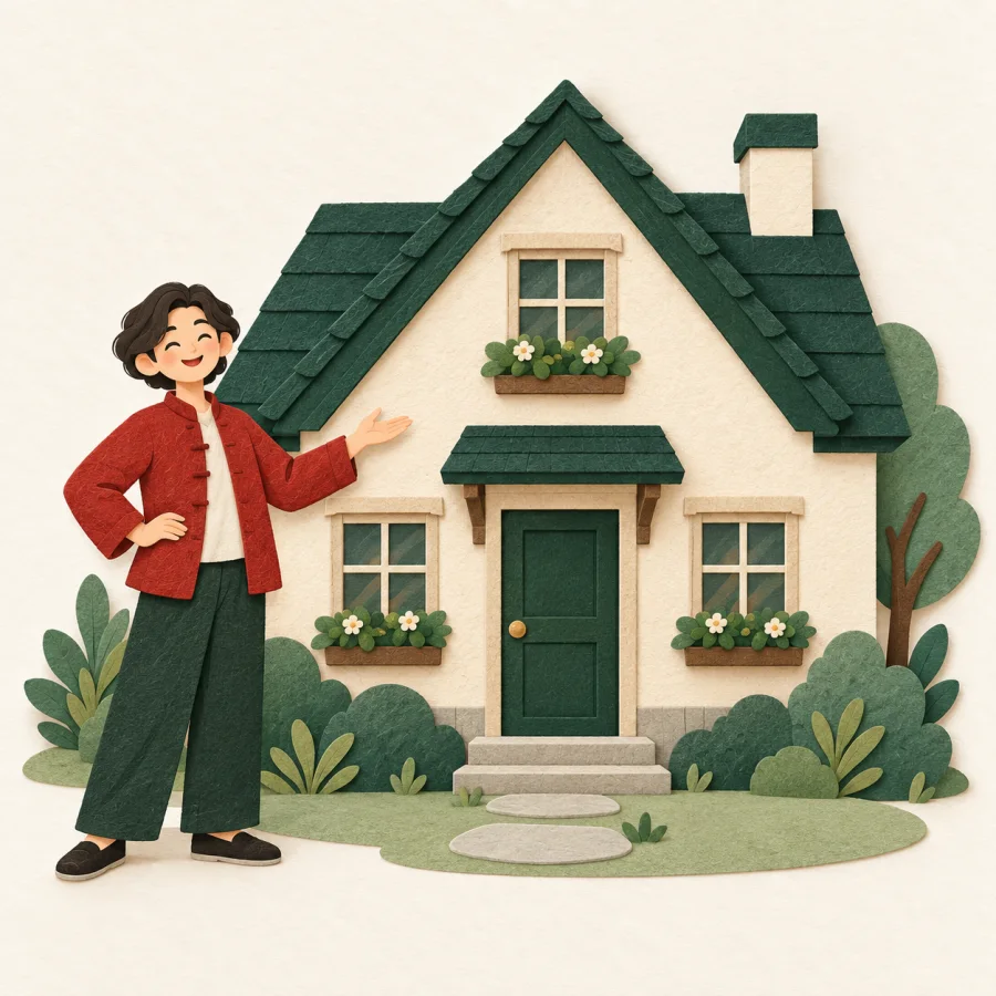 Una persona de pie junto a una casa
