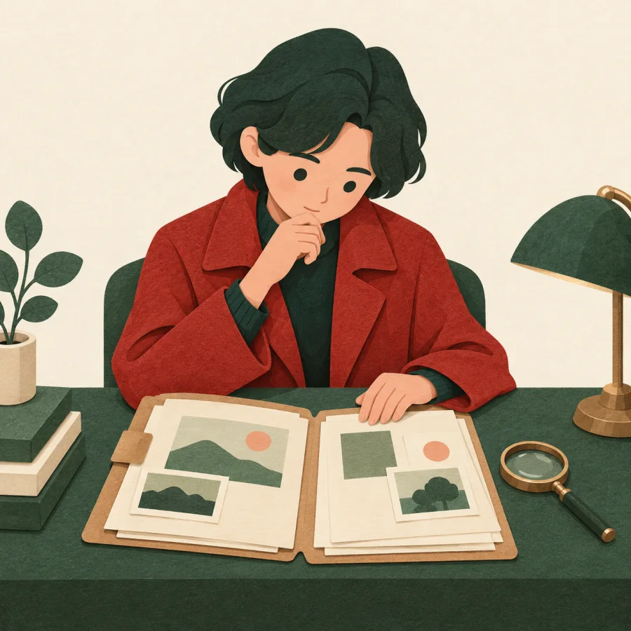 A person studies a case file with a magnifying glass nearby