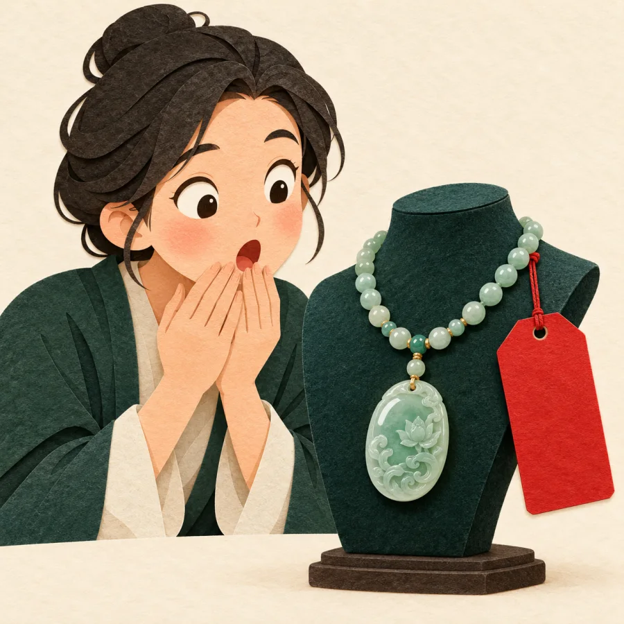 A person gazes at a necklace with a huge price tag
