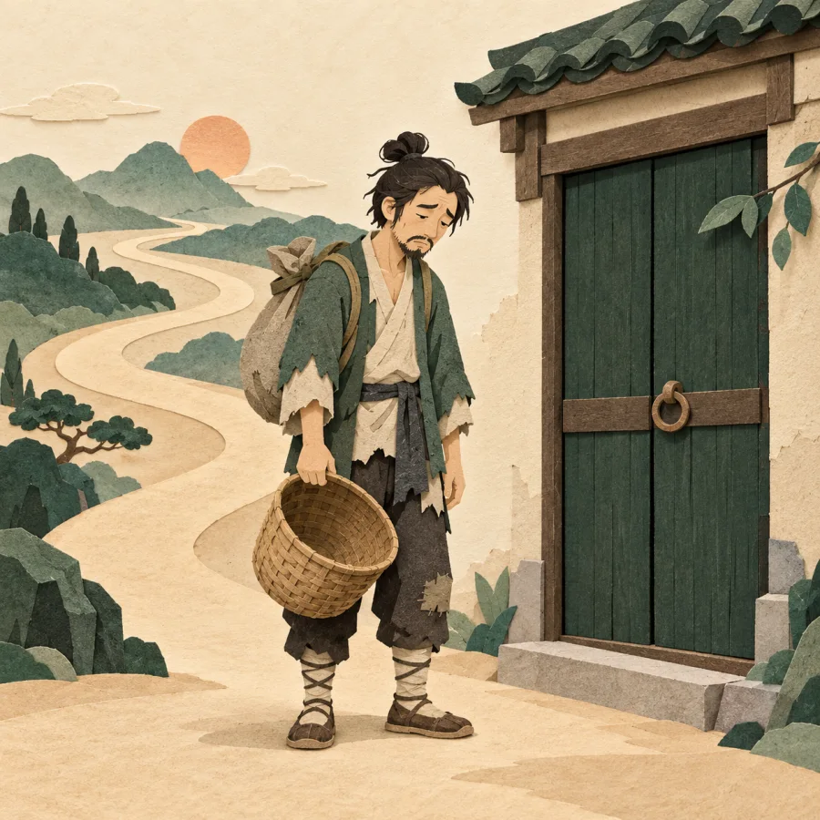 A traveler with an empty basket stands at a closed shop door