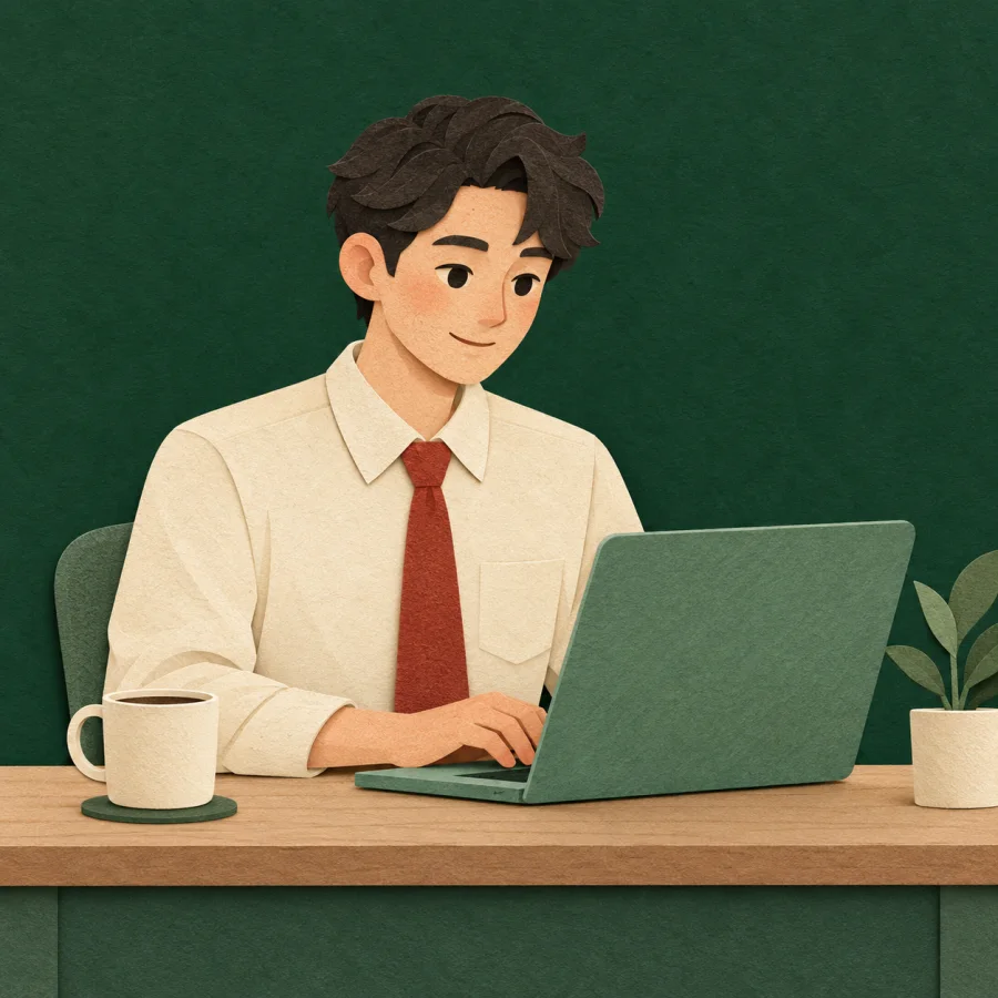 A person in a white shirt and tie sits at a desk