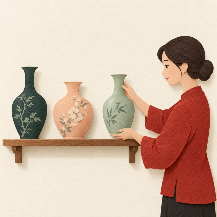 A person carefully sets a vase on a wooden shelf