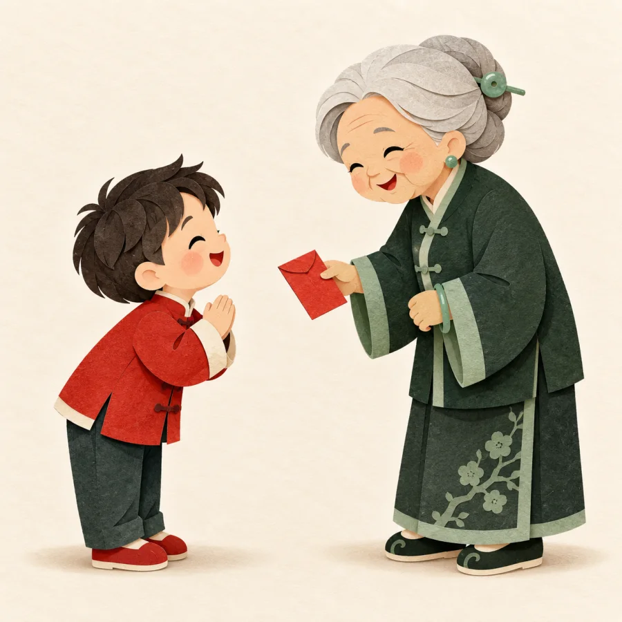 A child in a red jacket bows to a smiling elder
