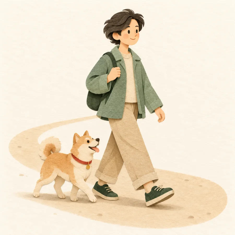 A person walks along a path with a dog trotting beside them