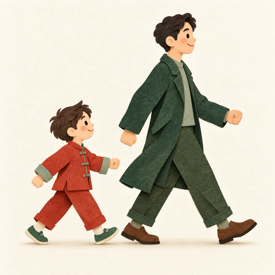 An adult walks ahead while a child copies their pose