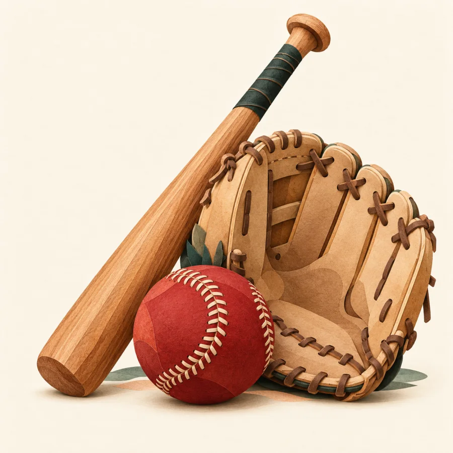 A wooden bat, a ball and a leather glove