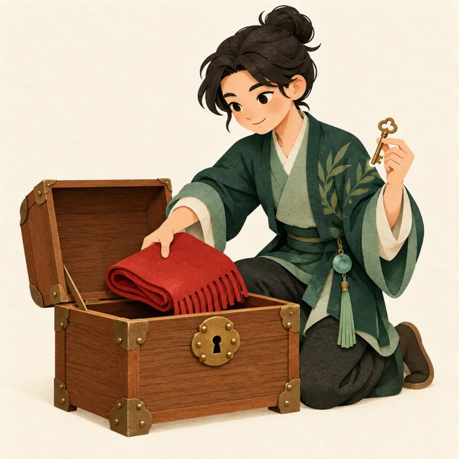 A person puts a scarf into a locked wooden chest
