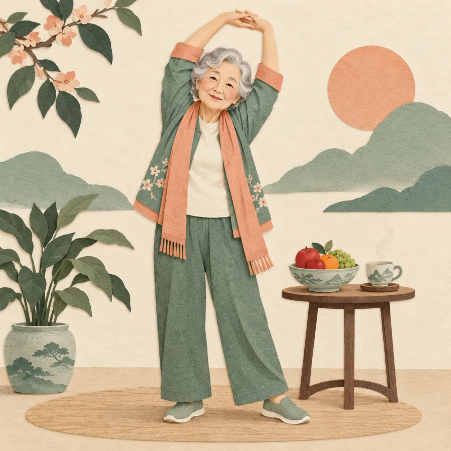 An older person stretches beside fruit and tea