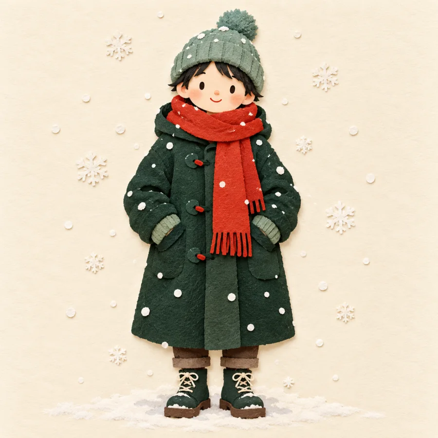 A person in a scarf and hat stands in falling snow
