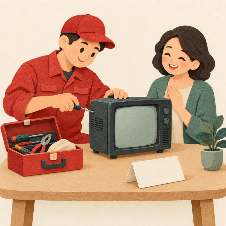 A repairer fixes a television for a smiling customer