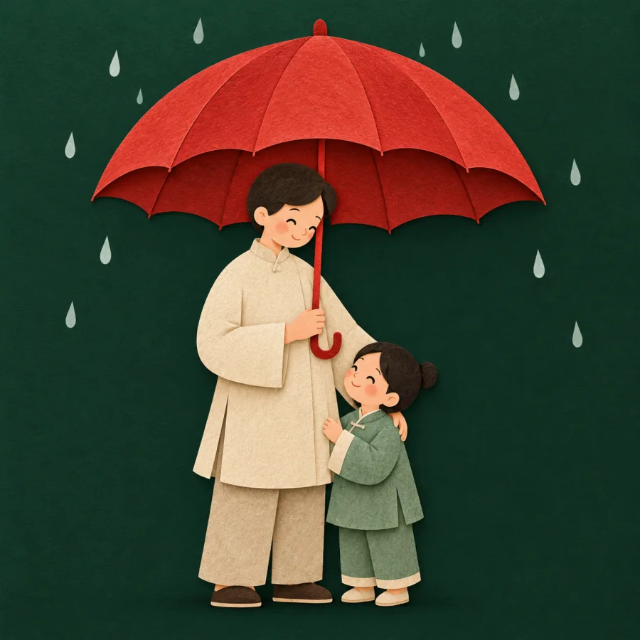 A large umbrella shelters an adult and a child from rain