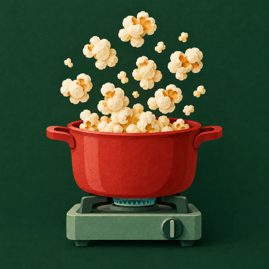 Popcorn bursts out of a cooking pot