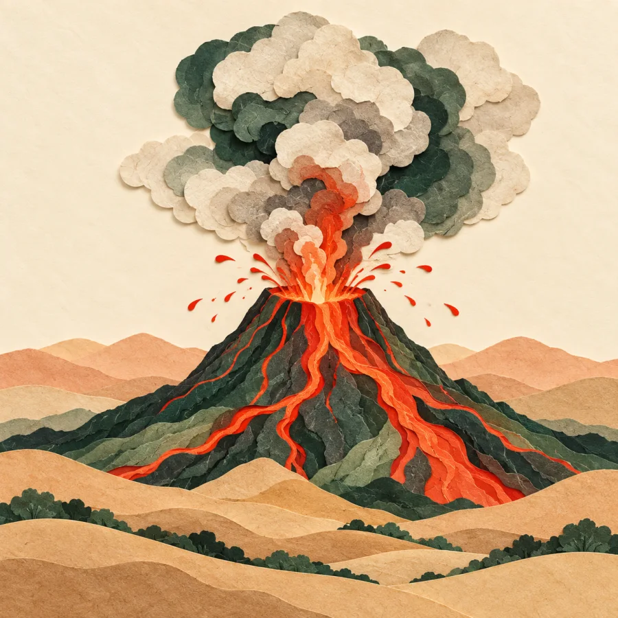 A volcano erupts with red lava and smoke