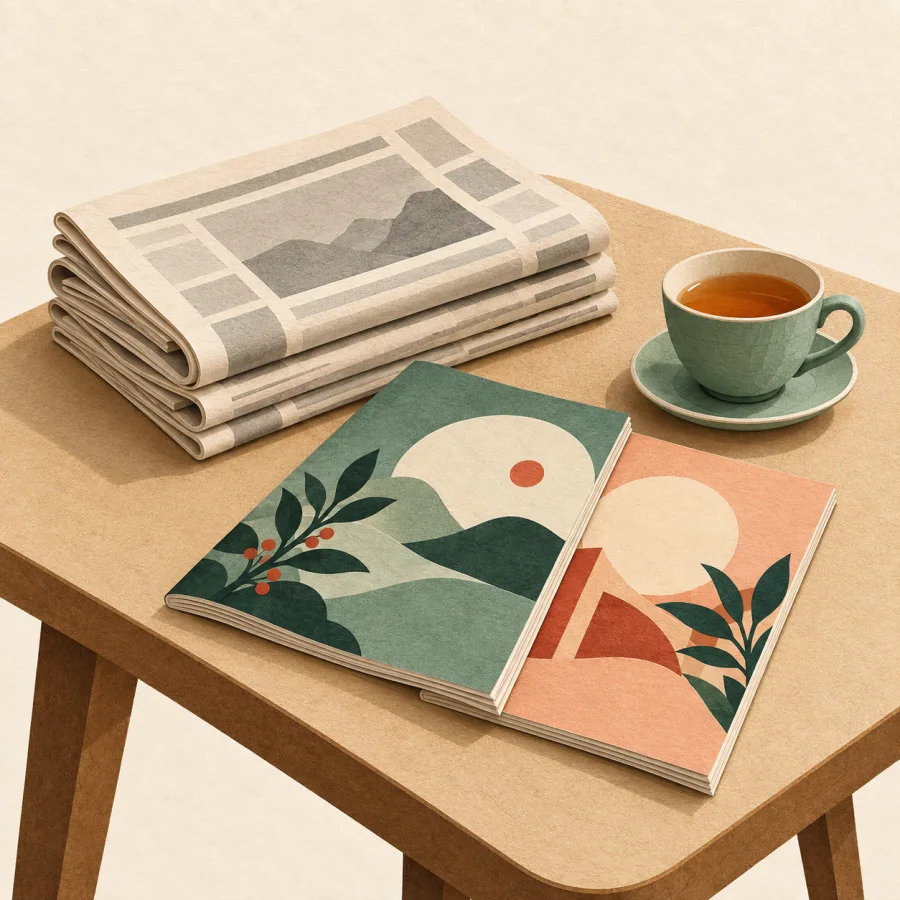 A stack of newspapers and magazines beside a cup of tea