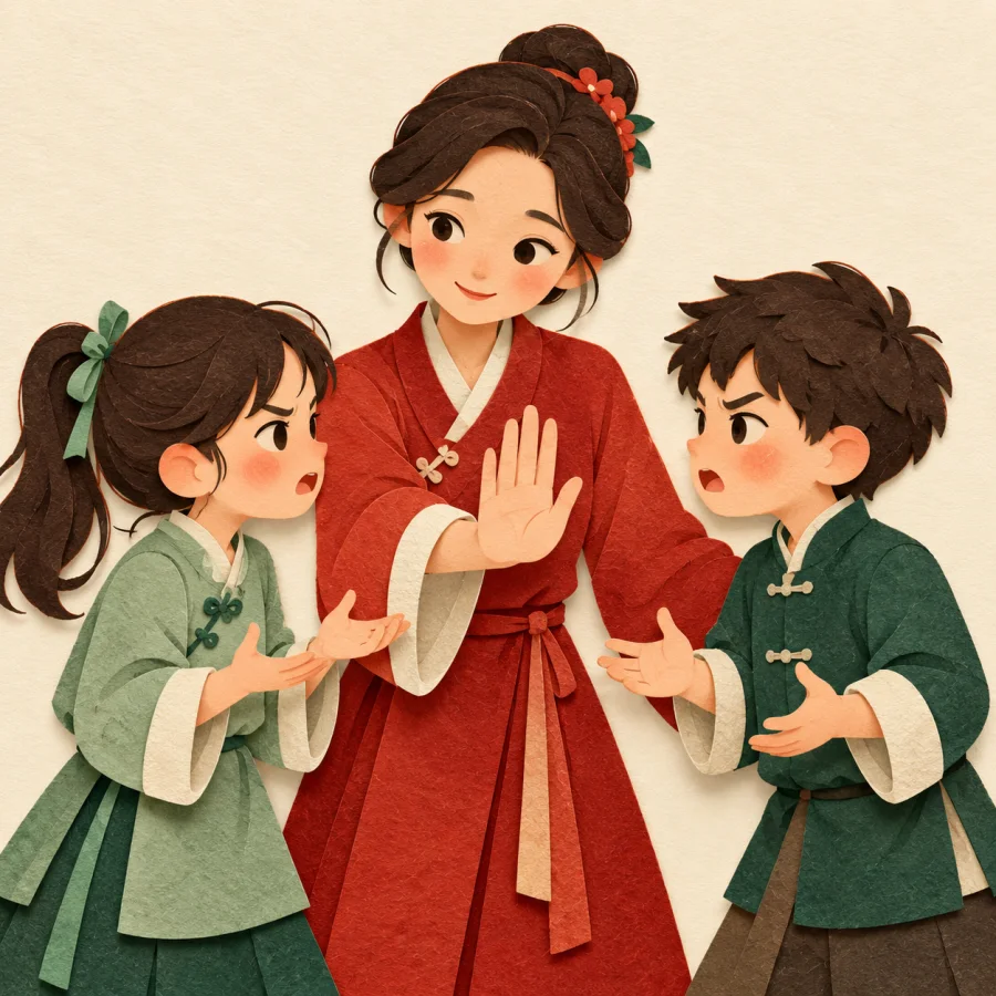A teacher raises a palm between two arguing children