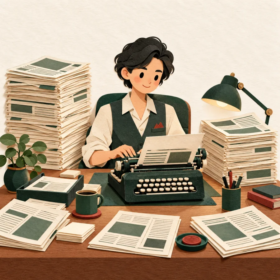 A person types beside stacks of newspaper sheets