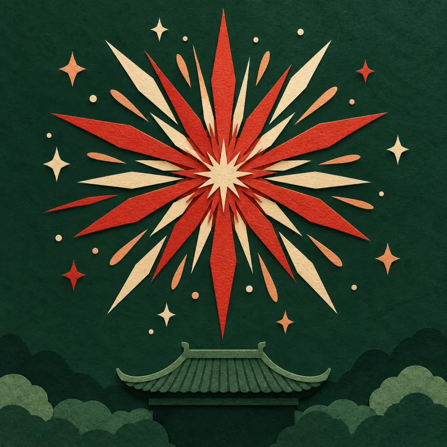 A bright red and cream burst in the dark sky over a roof