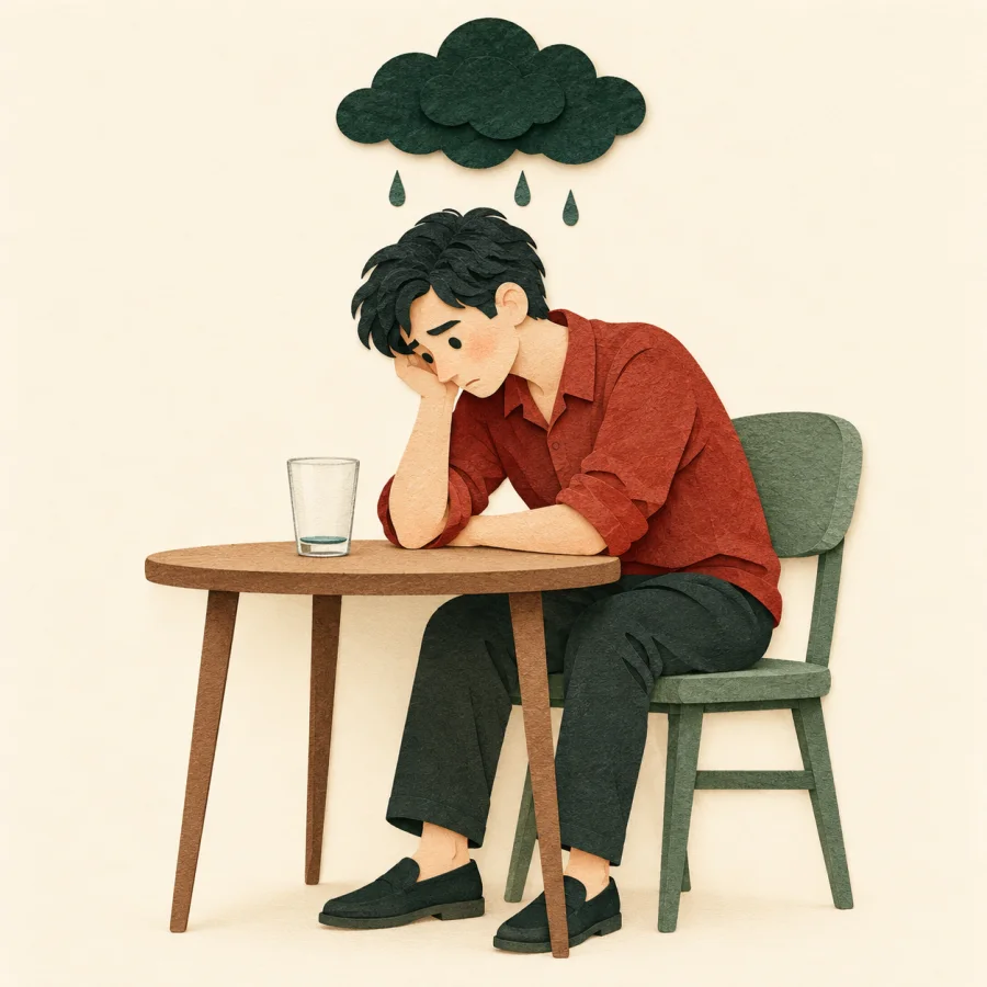 A person gloomily eyes a nearly empty glass under a small cloud