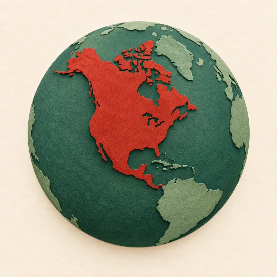 A paper globe with one large red continent