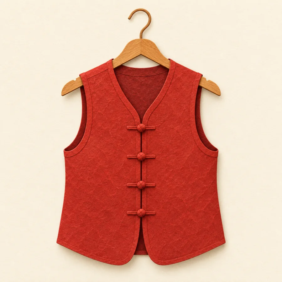 A red sleeveless vest hangs on a wooden hanger