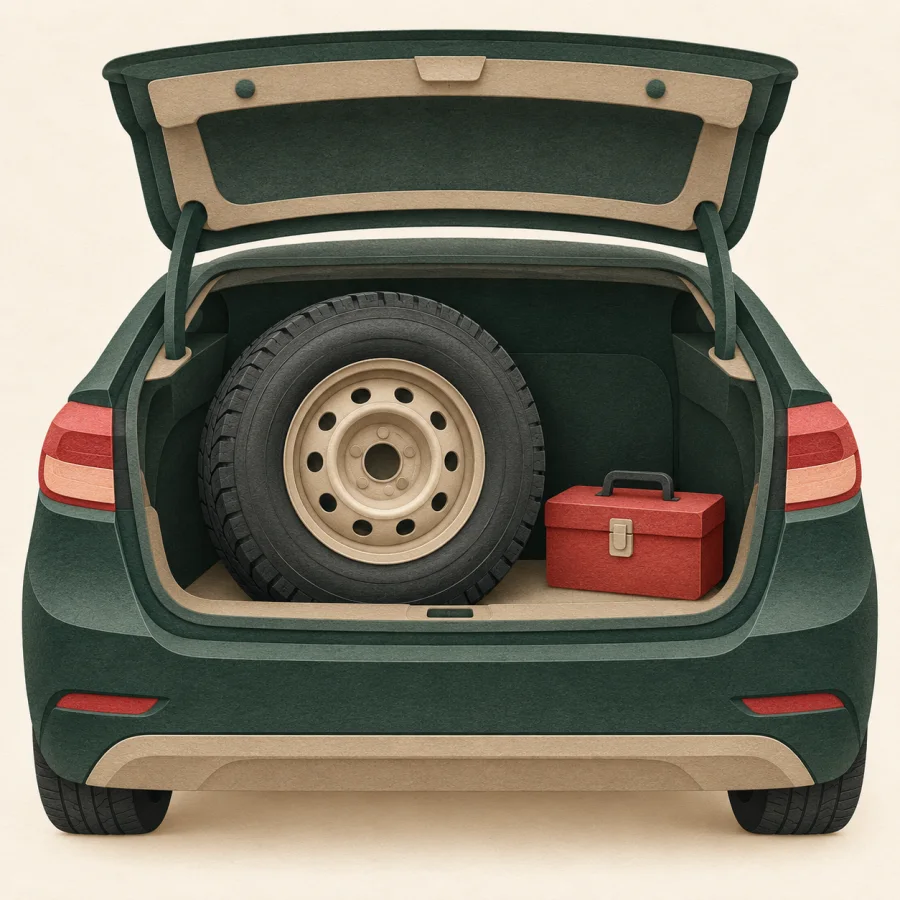A spare tire in a car trunk next to a toolbox