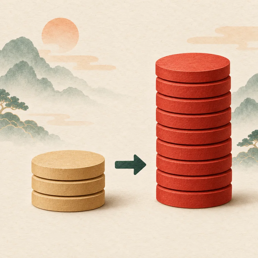 A small stack of coins and a much taller one with an arrow