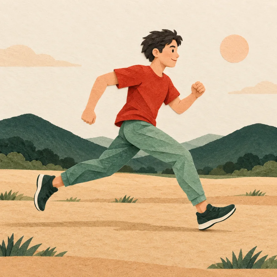 A person runs fast across an open field
